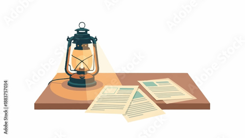 A vintage lit oil lantern illuminates scattered documents on a wooden desk.