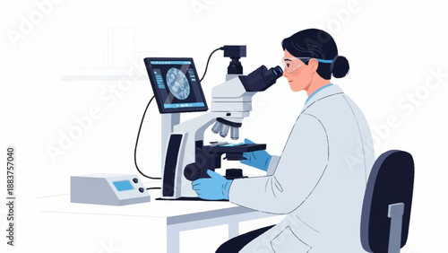 A female scientist in a lab coat meticulously examines a sample under a microscope, with a digital display showing data.