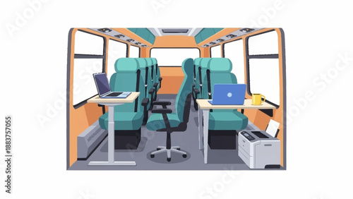 Modern mobile office interior inside a converted bus, featuring laptops, an ergonomic chair, and a printer for remote work.