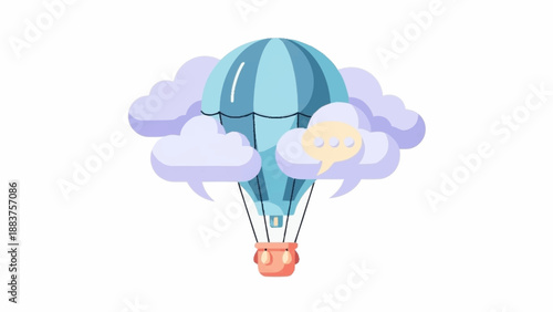 A blue hot air balloon ascends through stylized clouds, one featuring a speech bubble icon, symbolizing communication and ideas.