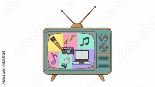 Classic television displaying a collage of creative arts, music, photography, and digital technology icons.