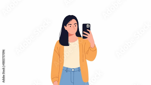 Young woman in a yellow cardigan taking a selfie with her smartphone.