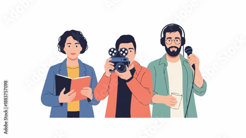 Diverse media professionals team illustration featuring a journalist, cameraman, and reporter with equipment.