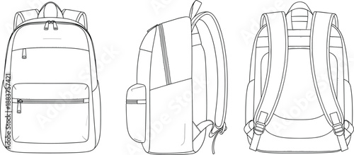Backpack technical flat sketch with front, side, and back views, line art fashion illustration showing pockets, zippers, straps, and bag construction details