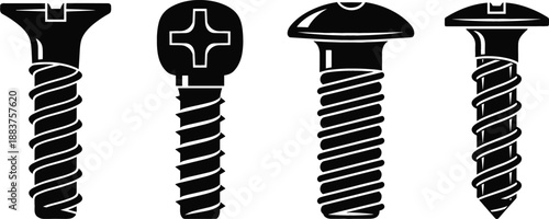 Set of black industrial screw and bolt icons featuring different head types for construction, hardware, and repair projects
