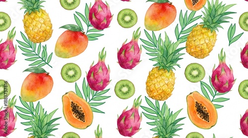 A colorful and vibrant pattern of various fruits, including pineapples, papayas, kiwis, and dragon fruits, arranged on a white background.