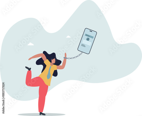 Modern man's dependence on smartphones. The woman is chained to her phone.