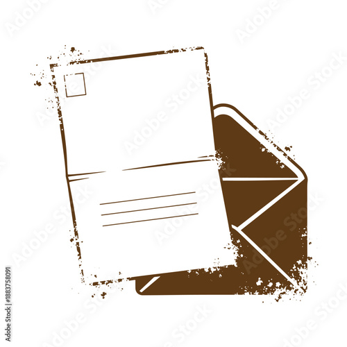 Drawing Vintage grunge  texture Brown postcard and envelope icon with grunge effect isolated on white background