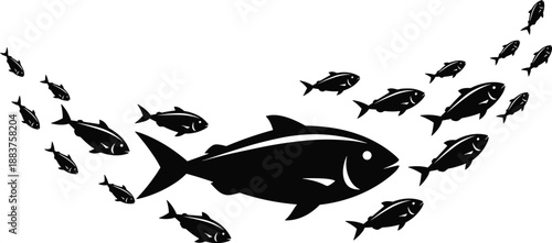 Black fish silhouettes set featuring a school of swimming sea animals, marine life icons, and ocean creatures for aquatic nature designs.