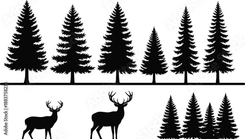 Black forest pine tree and deer silhouette set with coniferous evergreens, forest landscape, woodland nature elements, and buck animal icons, vector