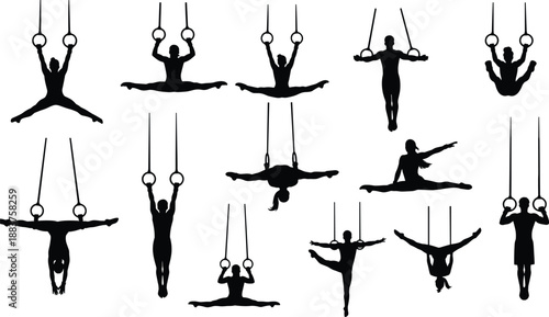 Black gymnast silhouette collection on rings, featuring male and female athletes in various athletic poses, gymnastic stunts, and strength exercises vector
