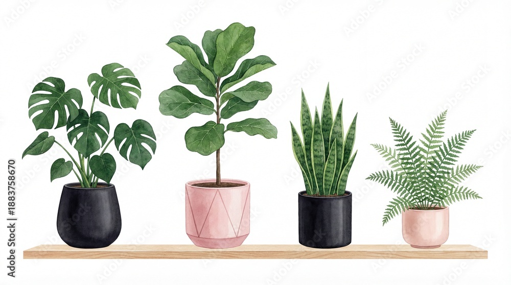 Fototapeta premium A collection of potted plants on a wooden shelf against a white background