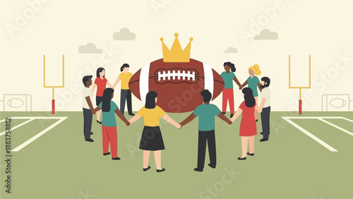 Diverse group of people holding hands around a large crowned football on a green field with goalposts