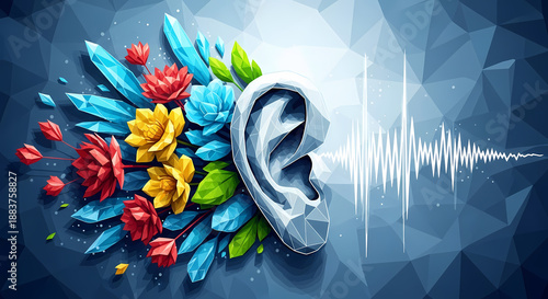 Abstract World Hearing Day banner art featuring human ear with vibrant flowers and energetic sound waves emanating.