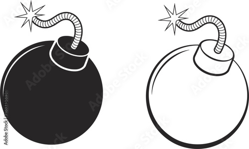 Retro Cartoon Bomb Vector Illustration, Black and White Round Explosive with Lit Fuse Icons
