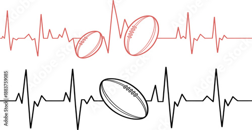 American Football and Heartbeat Pulse Line Vector Illustration, Sports Theme EKG Graphics for Rugby and Athletics Design