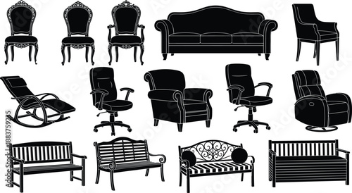 Furniture silhouettes collection illustration featuring chairs, sofas, armchairs, benches and recliners, black and white vector set for interior design concepts isolated on white background