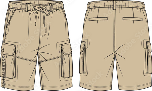 Men’s cargo shorts technical flat sketch with front and back views, fashion design illustration showing pockets, drawstring waistband, stitching details, and casual utility apparel construction