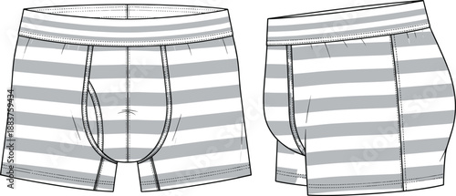 Men’s striped boxer briefs technical flat sketch showing front and side views, underwear fashion design illustration with waistband, seams, and fit details for apparel production