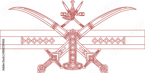 Traditional Oman national emblem vector featuring a khanjar dagger and crossed scimitars with intricate geometric patterns for cultural heritage design projects