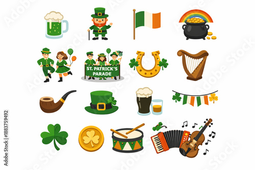 Saint Patrick Day tradition icon set