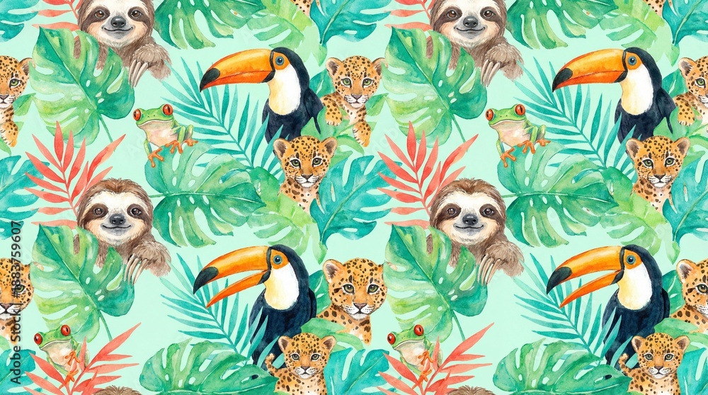 Naklejka premium A vibrant and colorful illustration of tropical animals and plants on a light green background