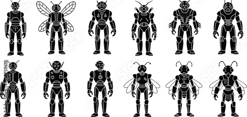 Silhouette set of robotic insect characters, futuristic android bugs collection, sci fi technology concept, artificial intelligence design, black vector illustration isolated white background