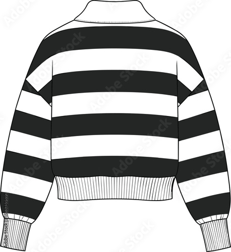 Striped cropped sweater technical flat sketch showing back view, fashion design illustration with ribbed cuffs, waistband, long sleeves, and bold horizontal stripe pattern