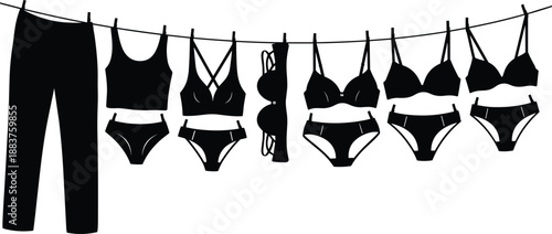 Underwear and lingerie silhouettes hanging on clothesline, black and white vector illustration showing modern apparel, laundry concept, minimal fashion design isolated on white background