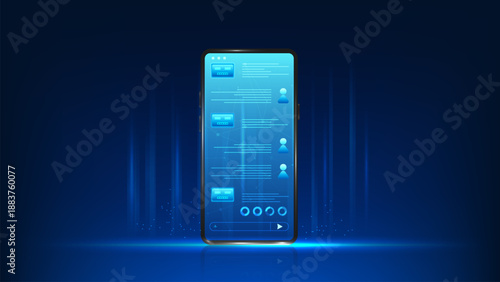 AI Generated Technology Background with Smartphone Chatting with Artificial Intelligence, Mobile AI Assistant, Generative AI Communication, Smart Digital Chatbot on Phone, Technology, Innovation