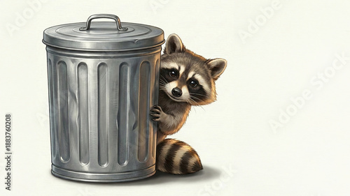 Cute cartoon raccoon peeking from behind a metal trash can. Adorable animal character illustration isolated on white background with copy space for text.
