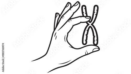 Hand holding surgical forceps line art vector for medical instrumentation guides, technique demonstrations and surgical education
