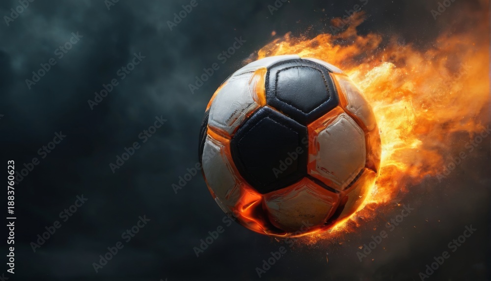 Naklejka premium Soccer ball in midair with fiery surroundings, dark cloudy contrast, and a dynamic futuristic vibe.
