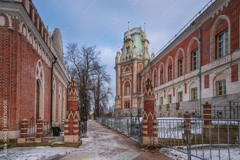 Fototapeta premium The Grand Palace of the Tsaritsyno Estate Ensemble on a winter morning, Moscow, Russia
