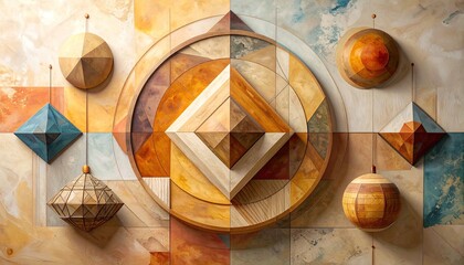 Wooden geometric shapes art piece with circular and diamond patterns