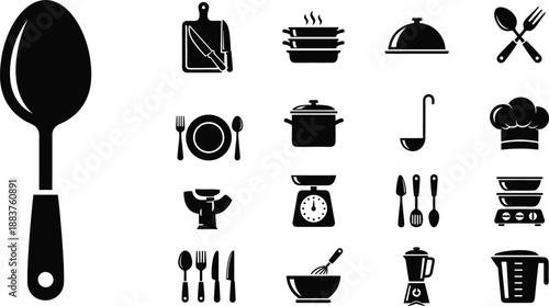 Complete kitchen utensil icon set with chef hat cooking pot blender scale and cutlery for professional culinary branding and restaurant menus
