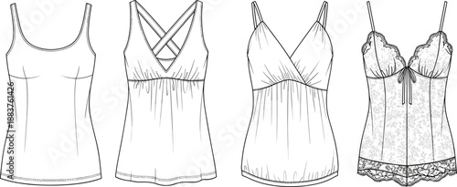 Women camisole nightwear fashion flats, lace slip tops collection, lingerie sleepwear technical vector illustration, female apparel design set pack bundle