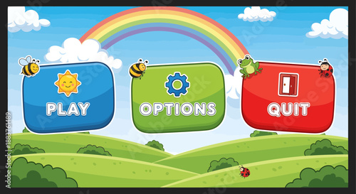 Colorful Game Menu Interface with Rainbow and Insects