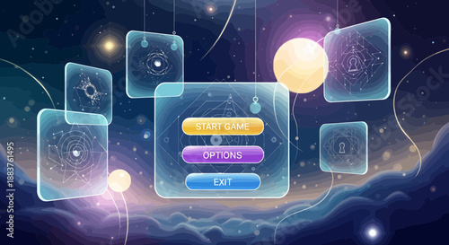 Cosmic game interface with futuristic buttons and symbols