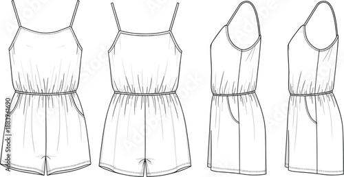 Women romper fashion flats, sleeveless summer playsuit technical vector illustration, front back side views apparel design set collection template pack