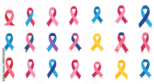 Vector illustrations of colorful awareness ribbons for various causes on a white background, representing America and social issues.