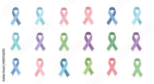 Flat vector illustrations of colorful awareness ribbons for America and various social causes on white background.