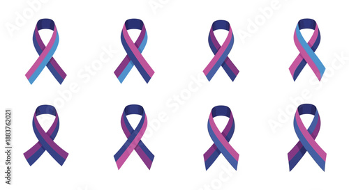 Eight awareness ribbons in pink, blue, and purple on a white background, representing America and support for various causes with vector illustrations.