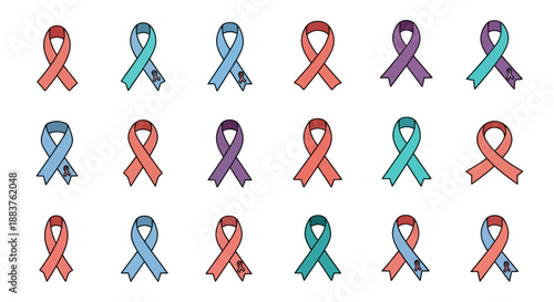 Collection of colorful awareness ribbons in various colors on a white background, representing different causes and organizations.