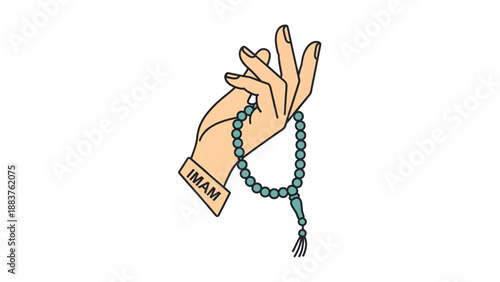 Hand holding prayer beads with Islamic label.
