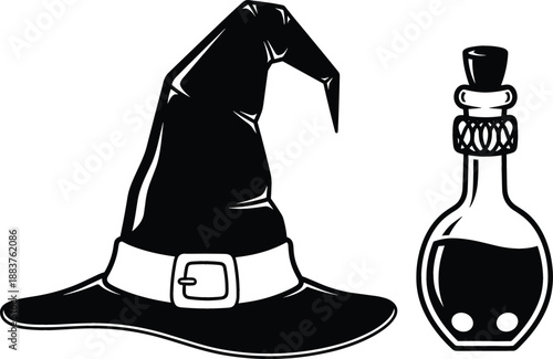 Witch hat and magic potion bottle silhouette vector for Halloween party decoration fantasy magic themes and mystical alchemy concepts
