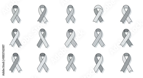 Vector illustrations of various gray awareness ribbons on a white background, representing America and social causes