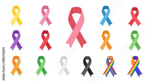 A collection of colorful awareness ribbons in various colors and designs, representing different causes and organizations on a white background.