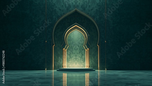 A serene spiritual mood beneath monumental mosque arches, glowing light symbolizing faith and sacrifice, midnight teal and soft gold tones, cinematic lighting, ideal for Eid al-Adha branding.