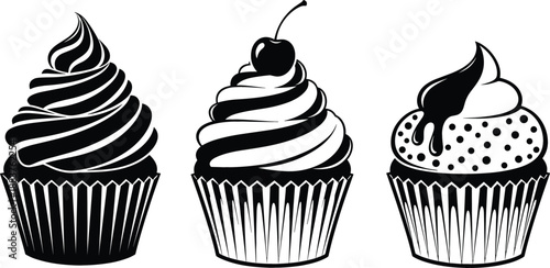 Sweet cupcake set with swirl frosting cherry on top and sprinkles for bakery menu birthday party celebration and dessert shop branding